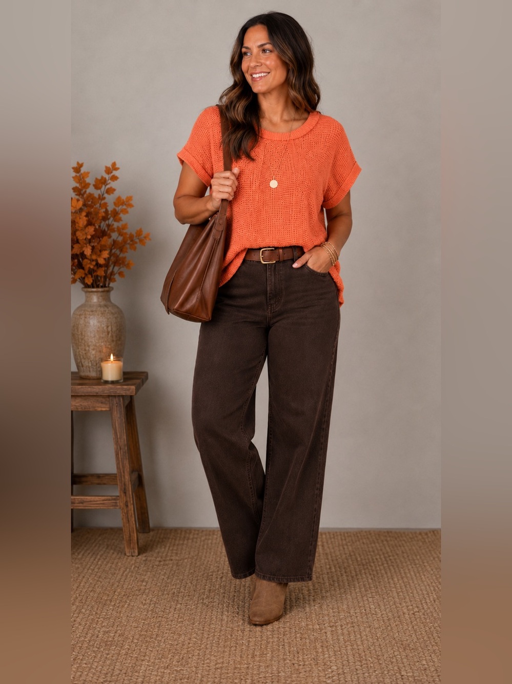 Andree by Unit Neon Coral waffle-knit loose-fitting top